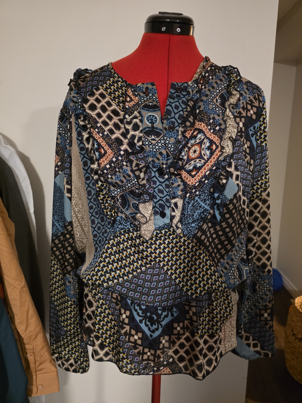 Idea Piu Blue Multi-Print Ruffle V-Neck Blouse